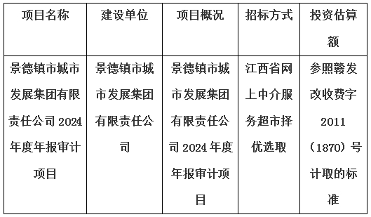 景德鎮(zhèn)市城市發(fā)展集團(tuán)有限責(zé)任公司2024年度年報審計項目計劃公告