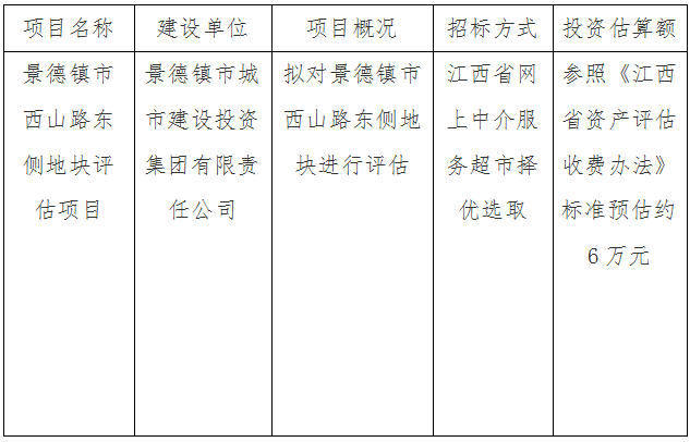 景德鎮(zhèn)市西山路東側(cè)地塊評估項(xiàng)目計(jì)劃公告
