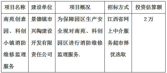 南苑、科創(chuàng)消防維修監(jiān)理服務(wù)項(xiàng)目計劃公告