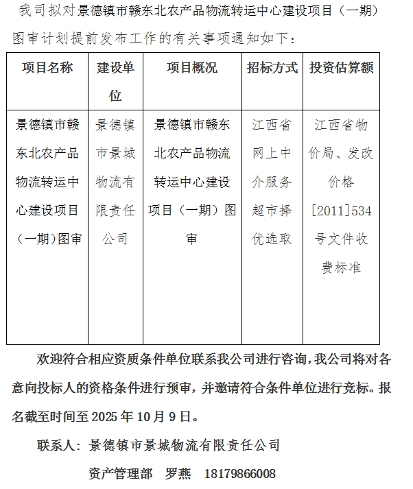 景德鎮(zhèn)市贛東北農(nóng)產(chǎn)品物流轉(zhuǎn)運中心建設(shè)項目（一期）圖審計劃公告