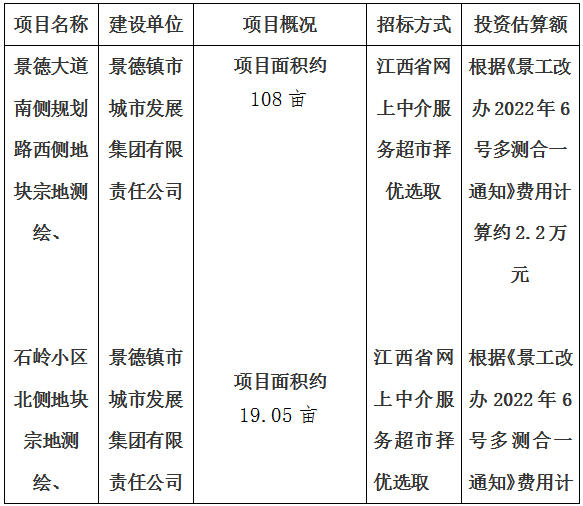 景德大道南側(cè)規(guī)劃路西側(cè)地塊宗地測繪、石嶺小區(qū)北側(cè)地塊宗地測繪、玉字亭路東側(cè)HX02-A07地塊宗地測繪、金嶺大道西側(cè)迎賓大道北側(cè)地塊宗地測繪項目計劃公告